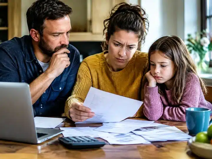 Famille autour d'une table consultant documents administratifs urgents