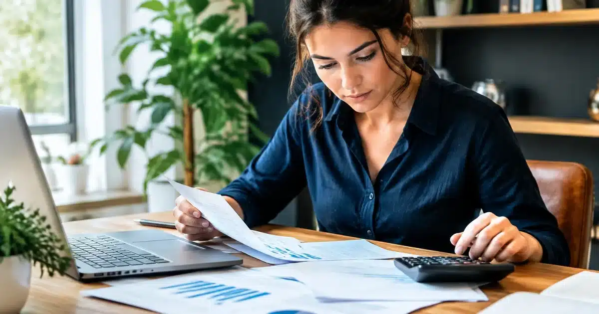 Personne consultant documents financiers sur bureau avec calculatrice
