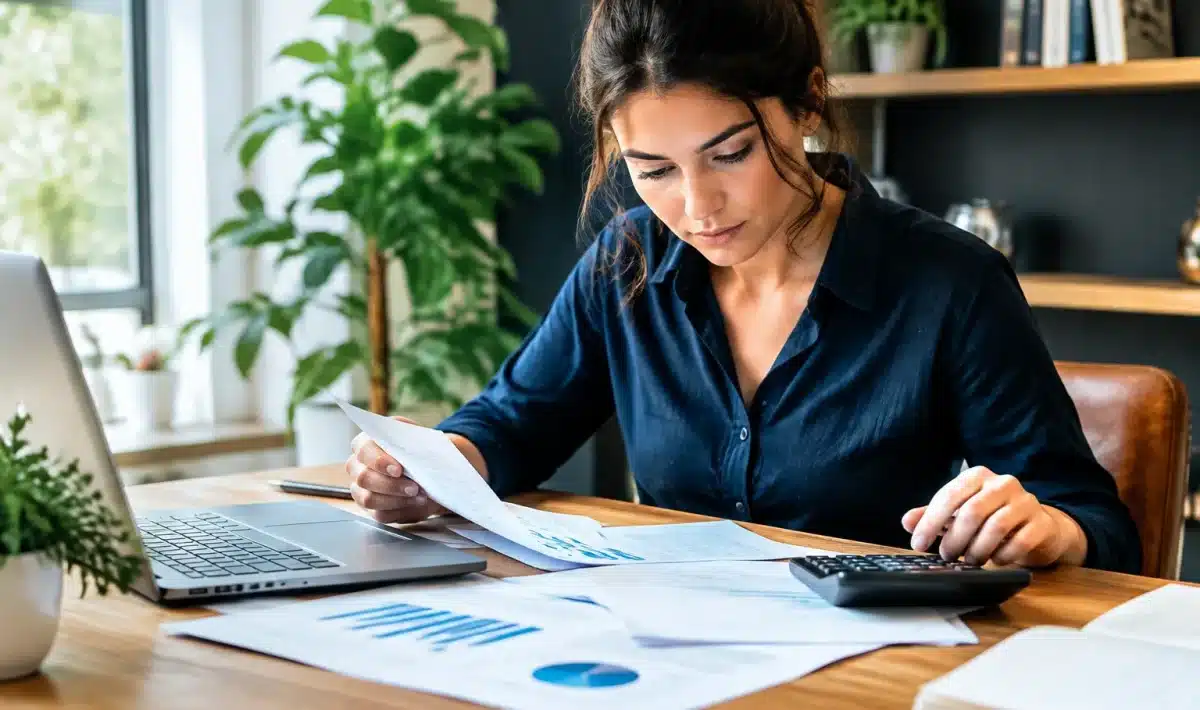 Personne consultant documents financiers sur bureau avec calculatrice