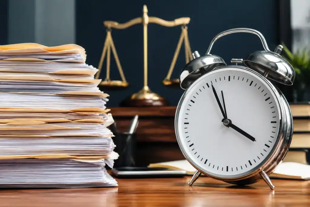 Horloge affichant dates limites avec documents juridiques empiles