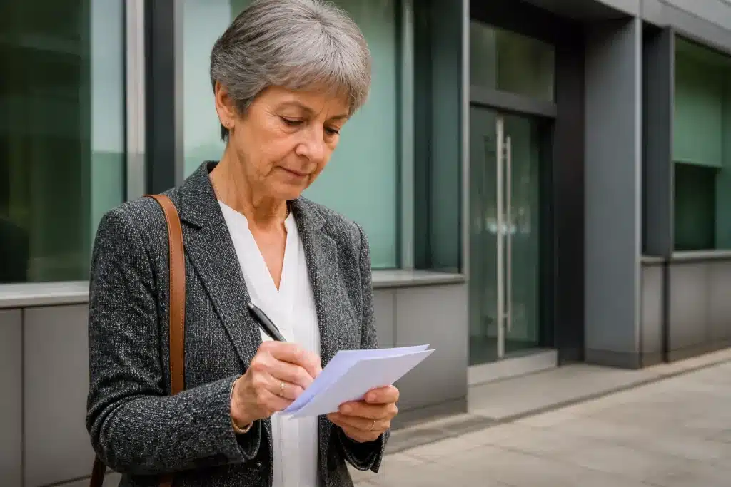 Personne écrivant lettre formelle à bureau bancaire fermé