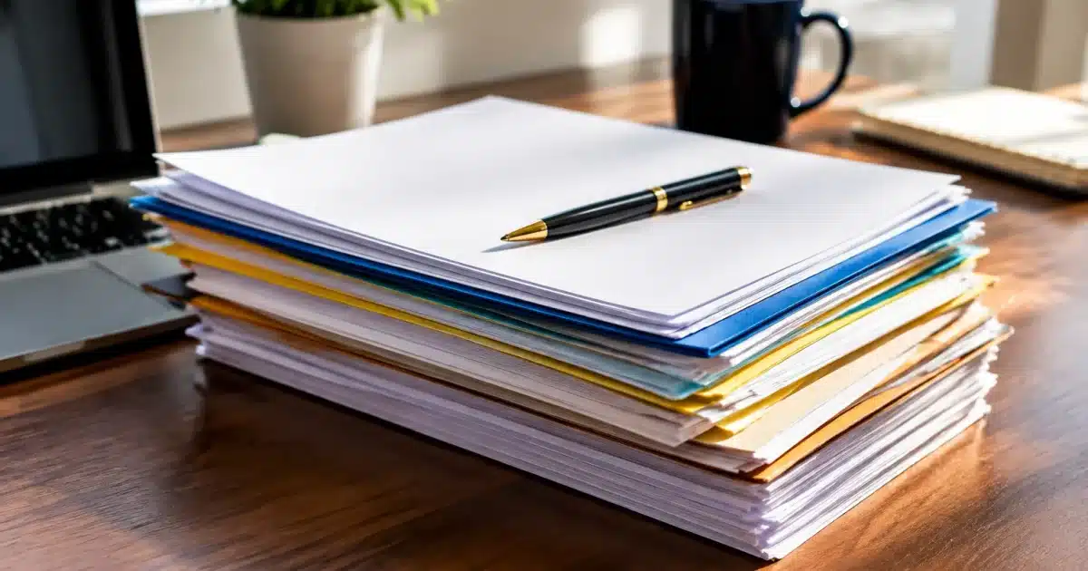 Factures et documents empilés sur une table avec stylo posé dessus