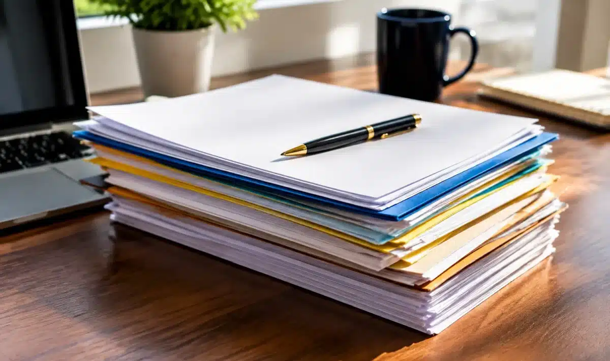 Factures et documents empilés sur une table avec stylo posé dessus