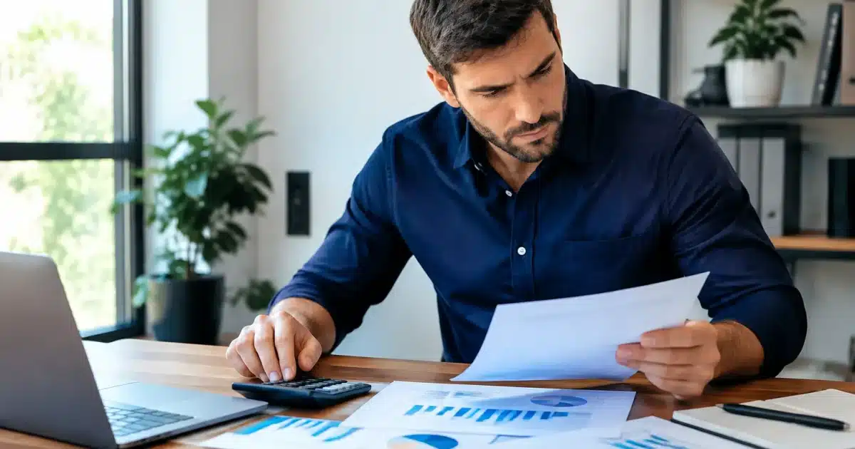 Homme assis à bureau face à documents financiers étalés