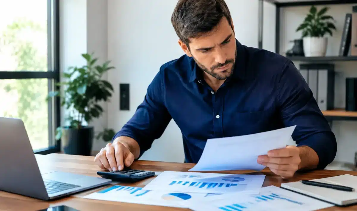 Homme assis à bureau face à documents financiers étalés