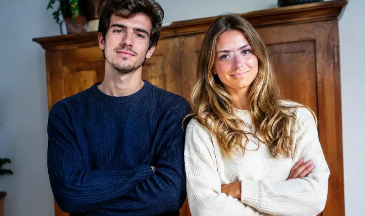 Deux jeunes adultes se tiennent devant un meuble en bois, les bras croisés