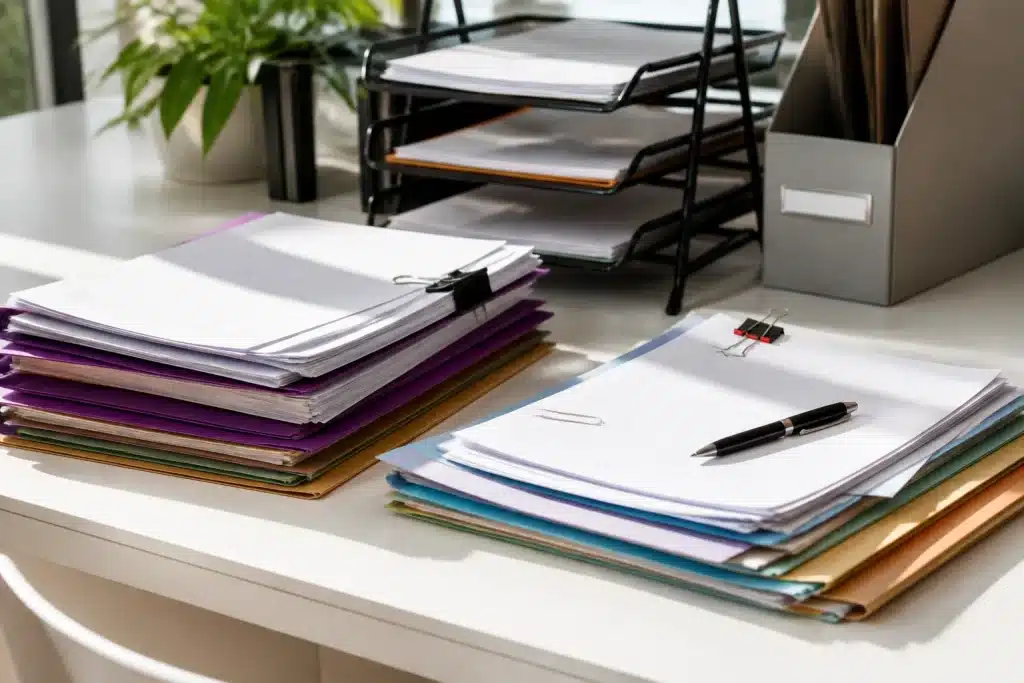 Documents administratifs et formulaires sur bureau blanc d'établissement