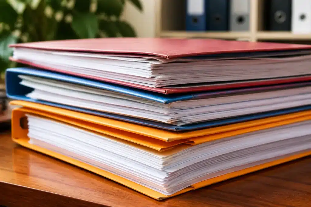 Dossiers papiers organisés avec actes, contrats et relevés bancaires
