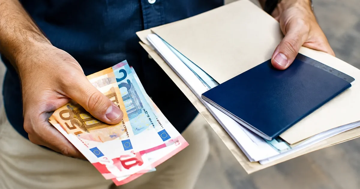 Mains tenant documents administratifs et argent liquide