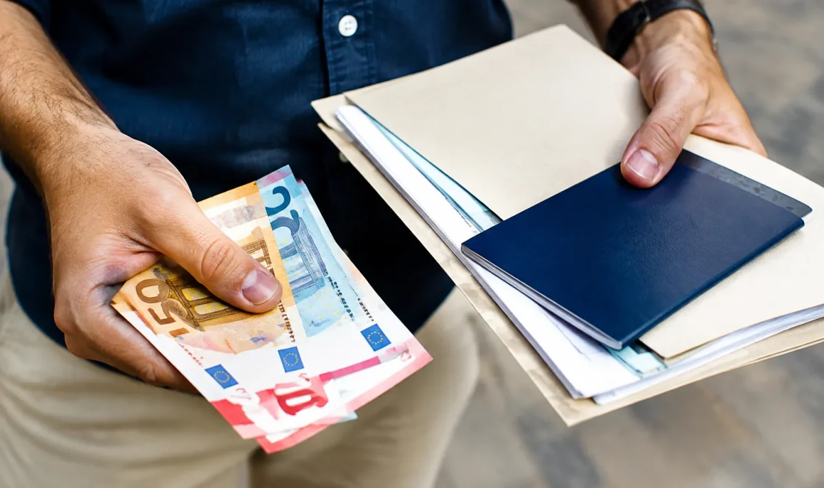 Mains tenant documents administratifs et argent liquide