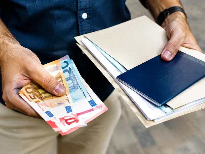Mains tenant documents administratifs et argent liquide