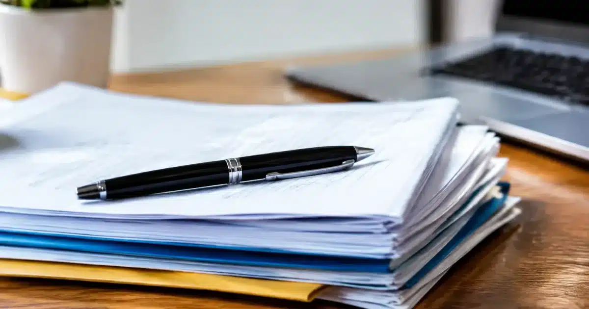 Documents d'assurance empiles sur bureau avec stylo noir pose dessus