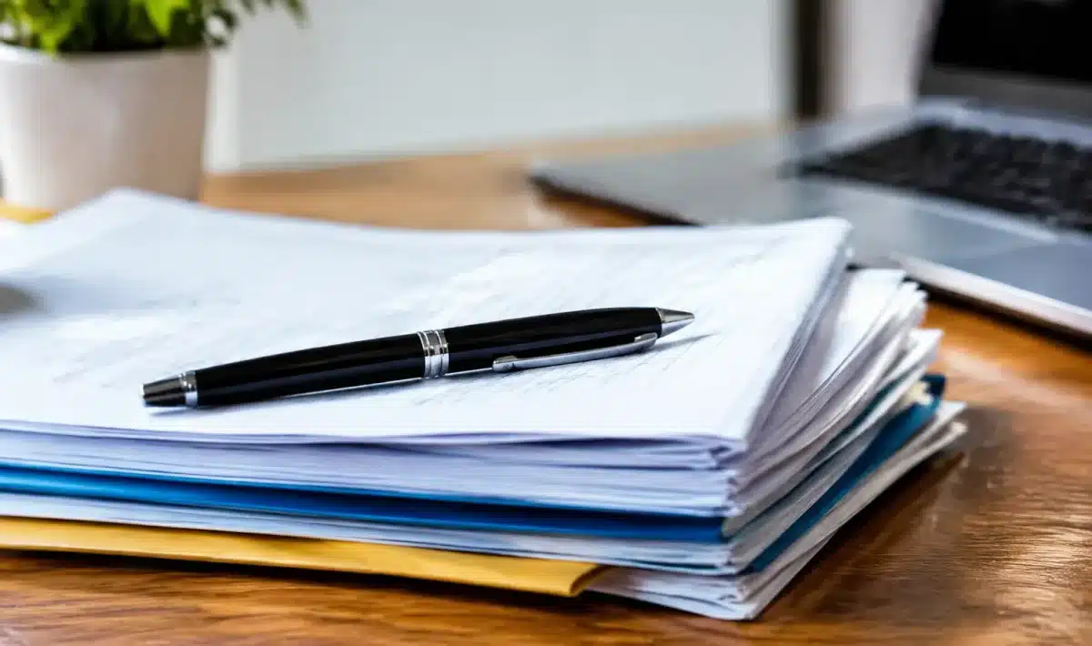 Documents d'assurance empiles sur bureau avec stylo noir pose dessus