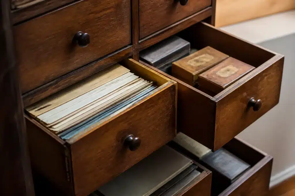 Tiroirs ouverts contenant documents papier et boites anciennes