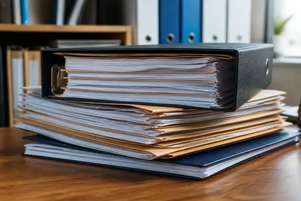 Pile de documents officiels avec classeur et dossiers archivés