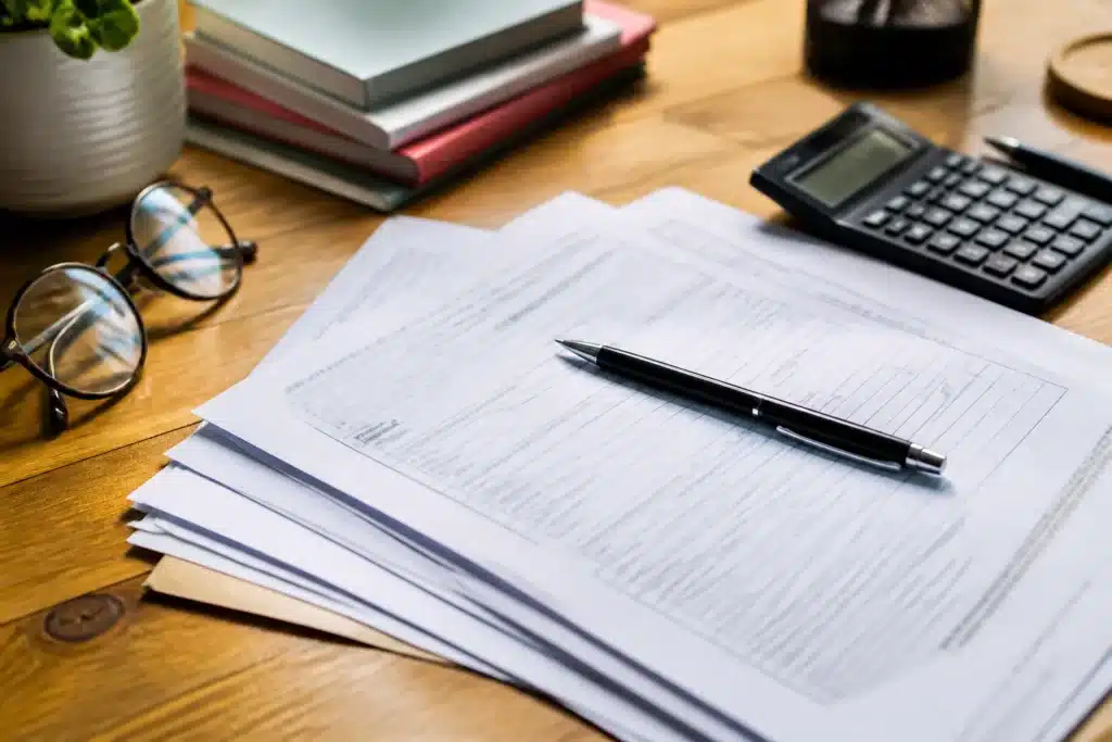 Documents fiscaux et formulaires IFI sur bureau avec stylo noir