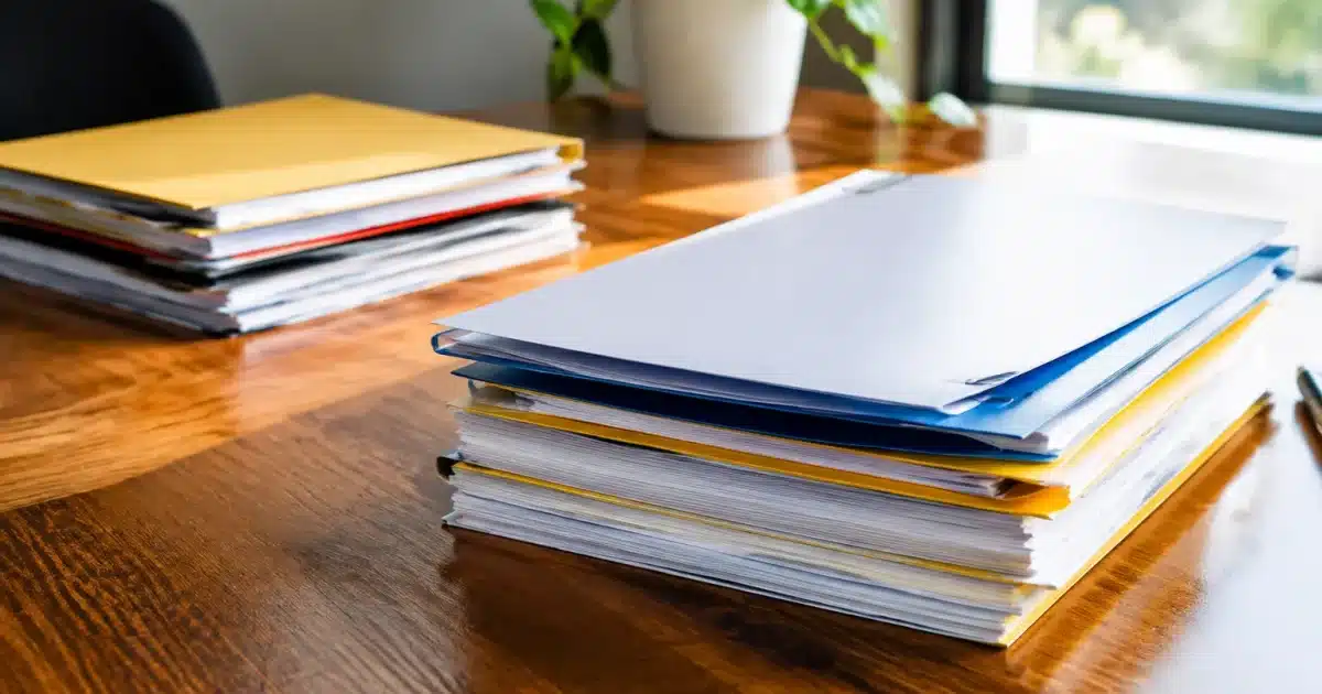 Pile de documents importants separes sur bureau en bois
