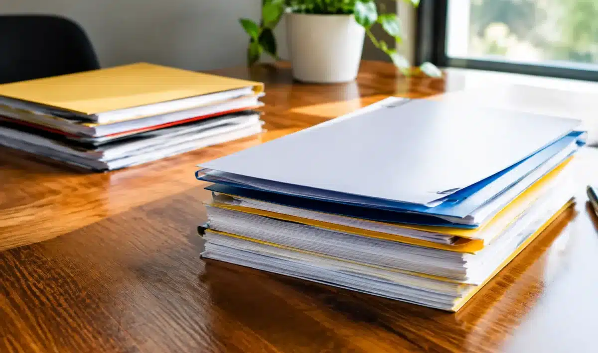Pile de documents importants separes sur bureau en bois
