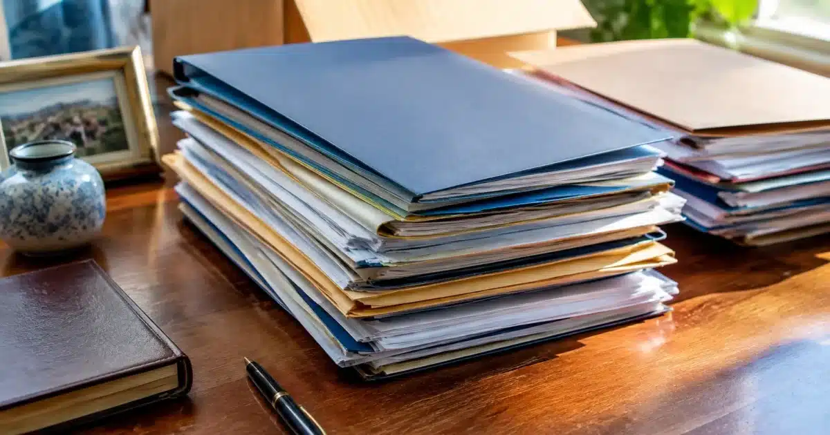 Documents importants empiles sur table pendant vidage succession