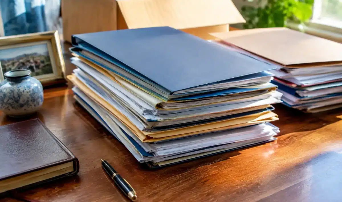 Documents importants empiles sur table pendant vidage succession