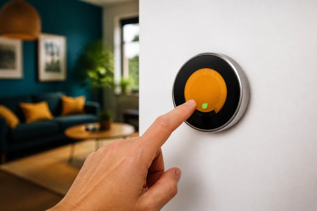 Doigt sur thermostat digital affichant temperature