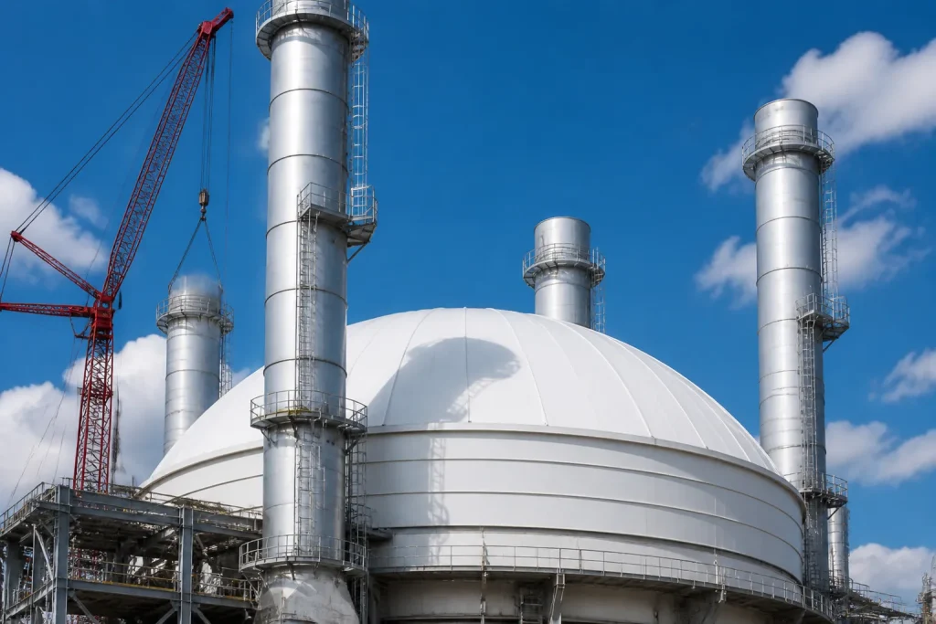 Dome blanc confinement tours cylindriques metalliques construction
