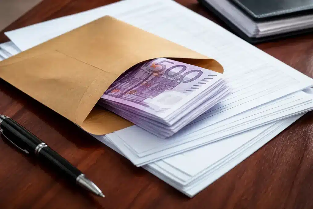 Enveloppe d'argent liquide et documents fiscaux sur bureau
