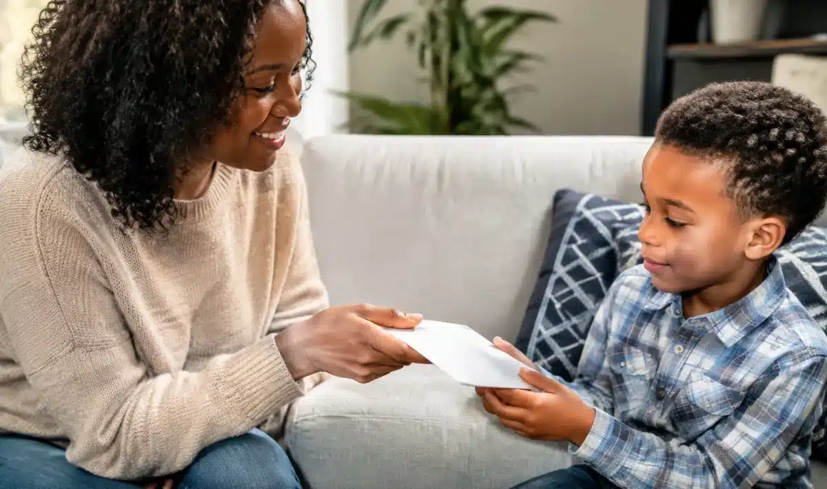 Parent remettant enveloppe d'argent a enfant assis sur canape