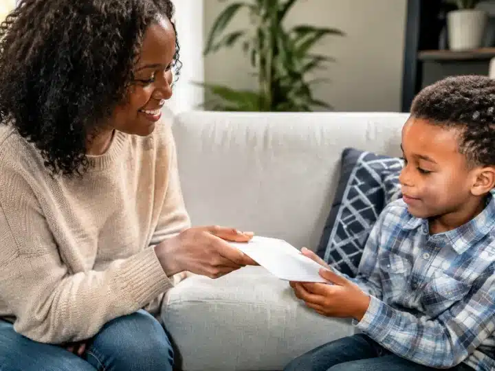 Parent remettant enveloppe d'argent a enfant assis sur canape