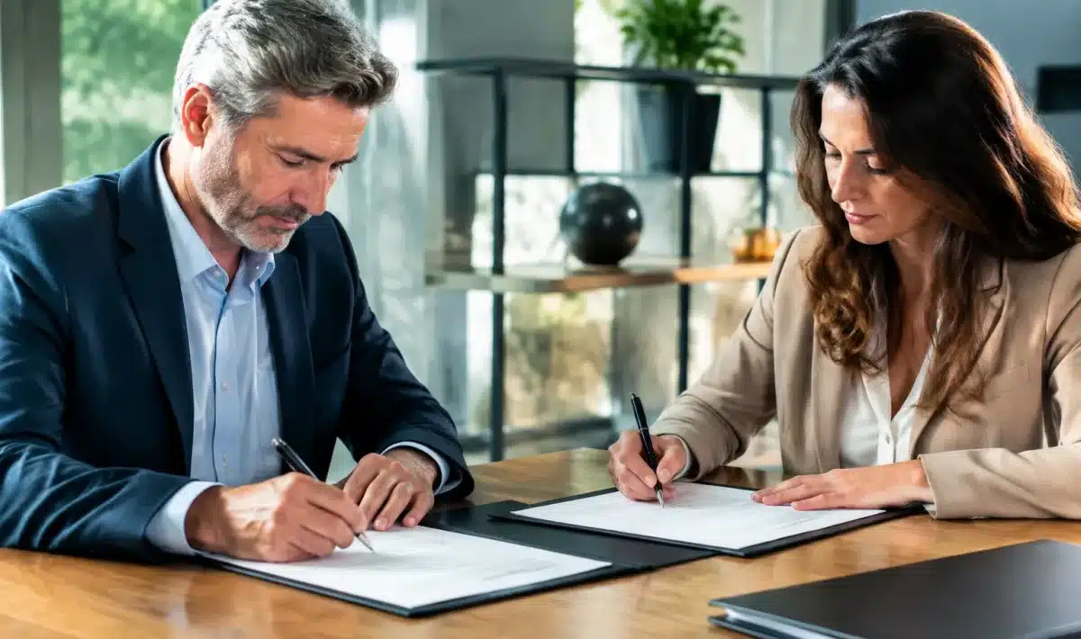 Deux personnes assises face a face signant documents patrimoniaux importants