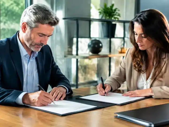 Deux personnes assises face a face signant documents patrimoniaux importants