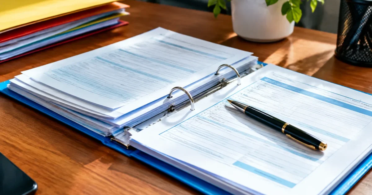 Dossier administratif ouvert sur bureau avec formulaires et stylo posé dessus