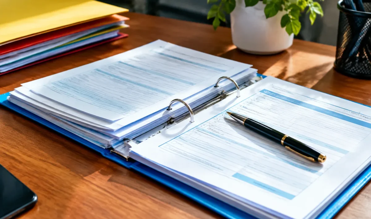 Dossier administratif ouvert sur bureau avec formulaires et stylo posé dessus