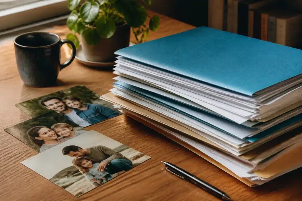 Dossier medical avec documents et photos familiales sur bureau