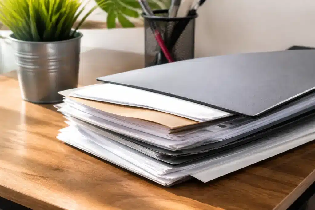 Dossier administratif avec documents mariage et justificatifs ressources