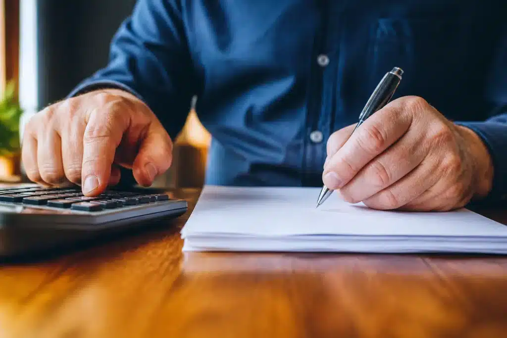 Mains signant documents retraite avec calculatrice professionnelle