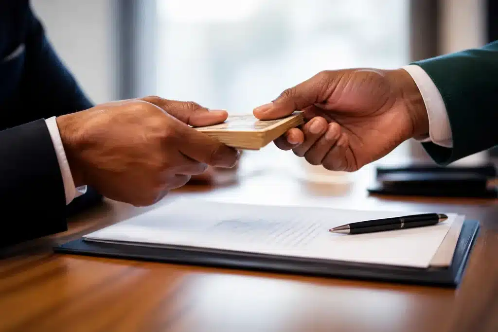 Deux mains échangent des billets de banque sur contrat signé