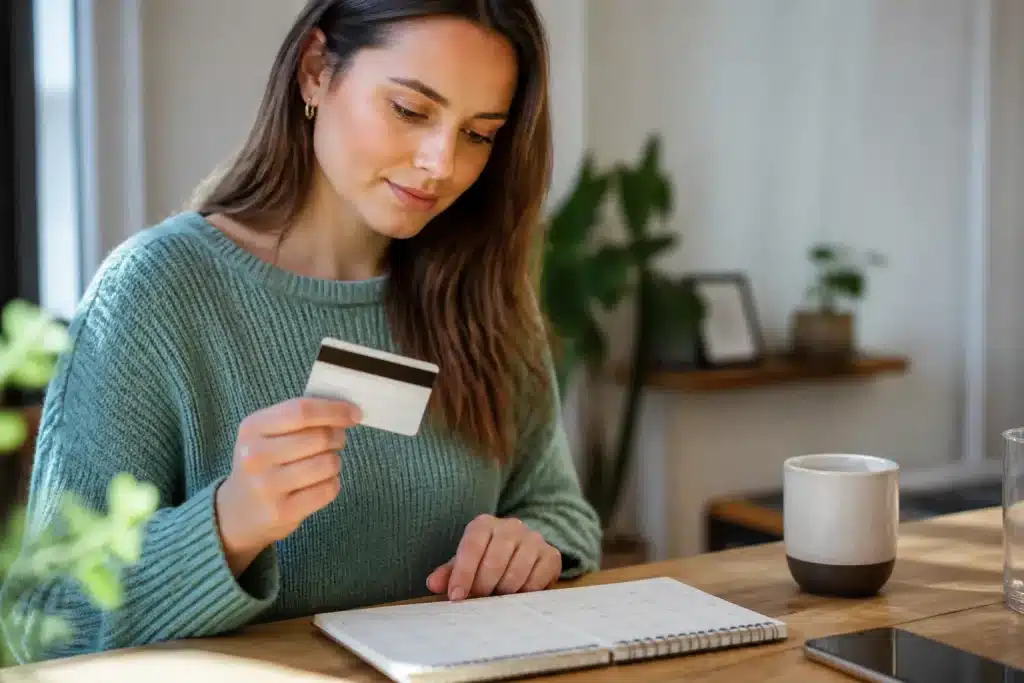Personne consultant calendrier avec carte bancaire en main