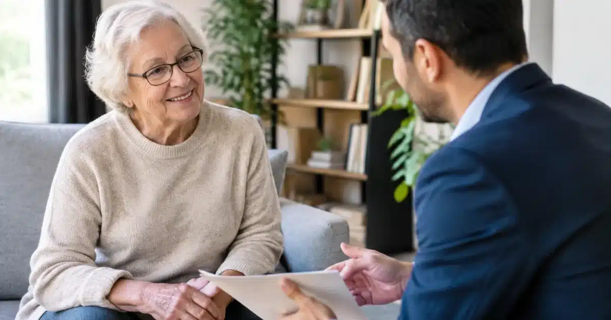 Personne agee assise recevant aide financiere d'un conseiller