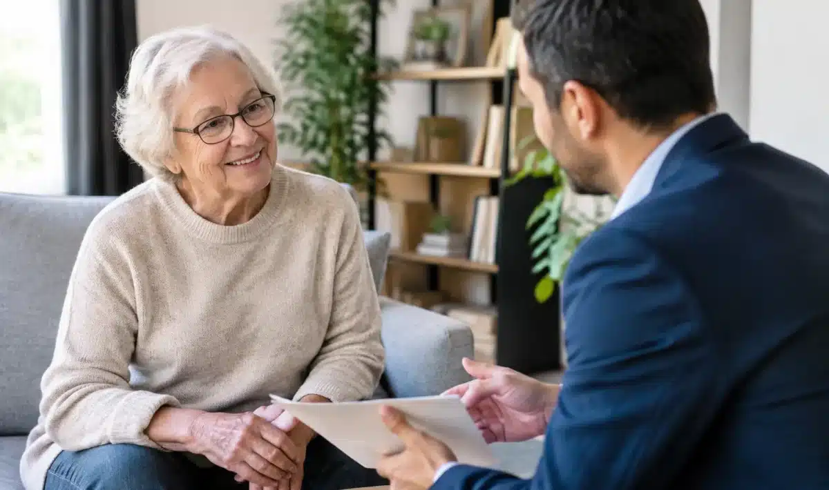 Personne agee assise recevant aide financiere d'un conseiller