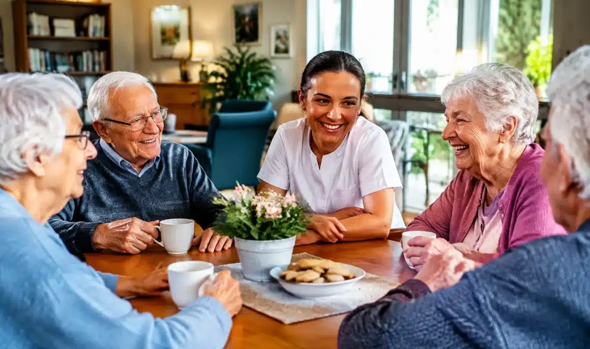 Residents assis autour table commune maison retraite accueillante