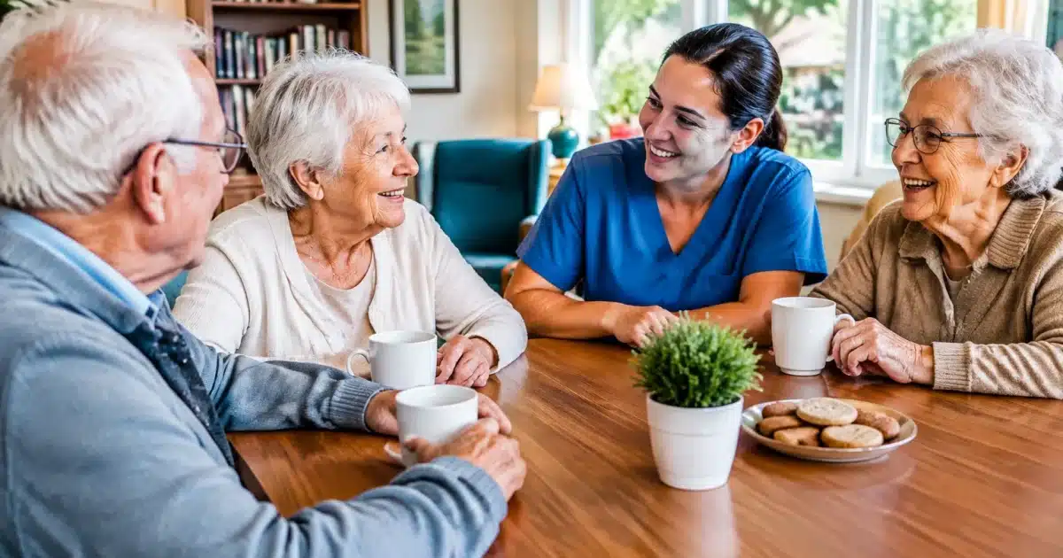 Residents assis autour table dans maison retraite accueillante