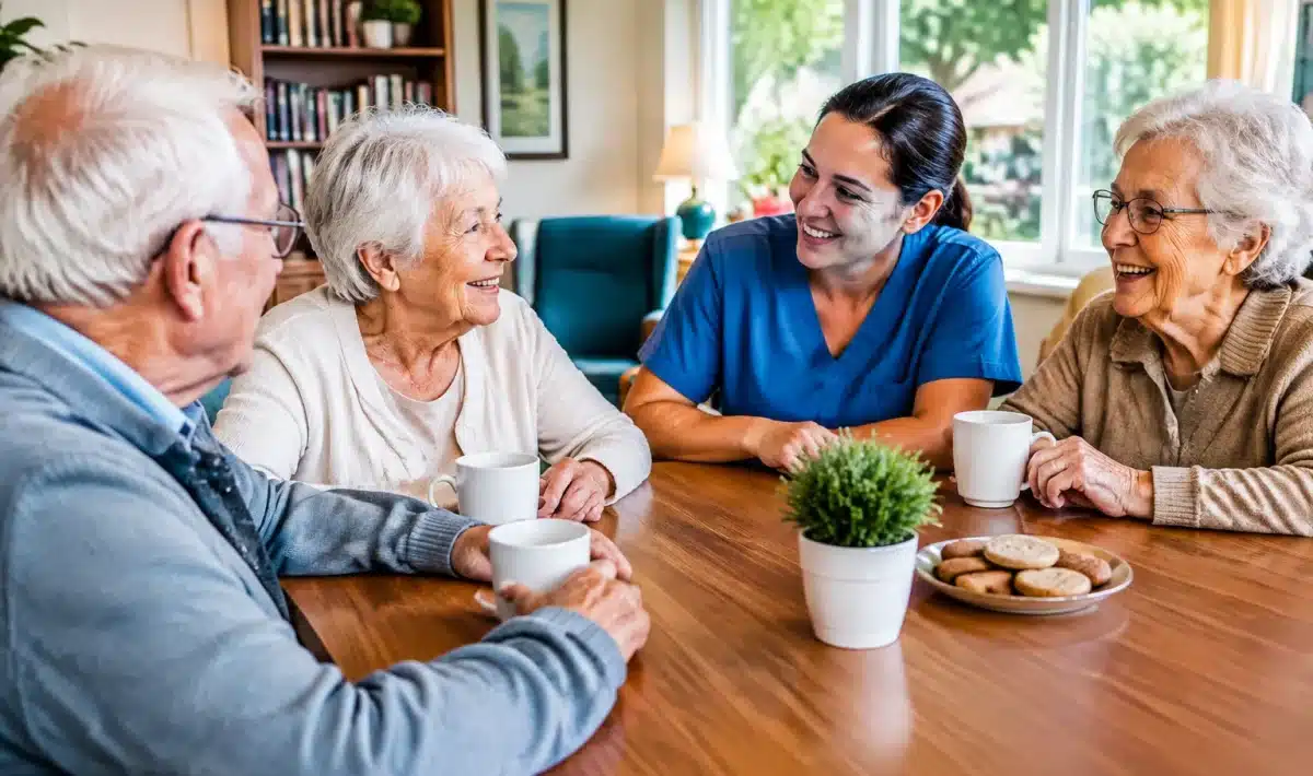 Residents assis autour table dans maison retraite accueillante