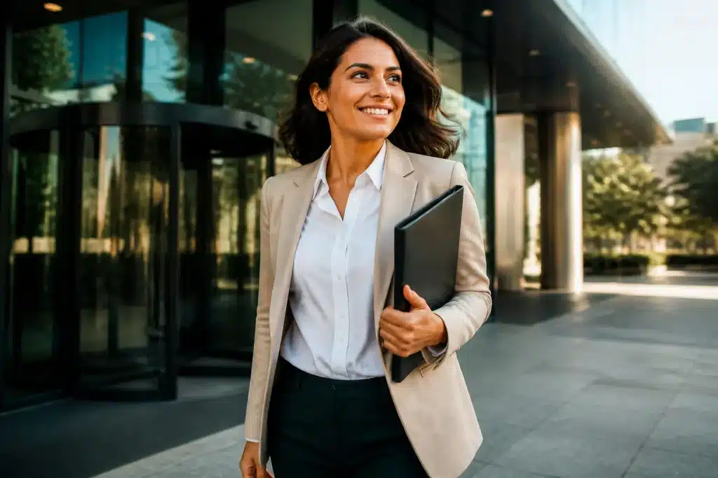 Professionnel souriant retournant au bureau avec dossier