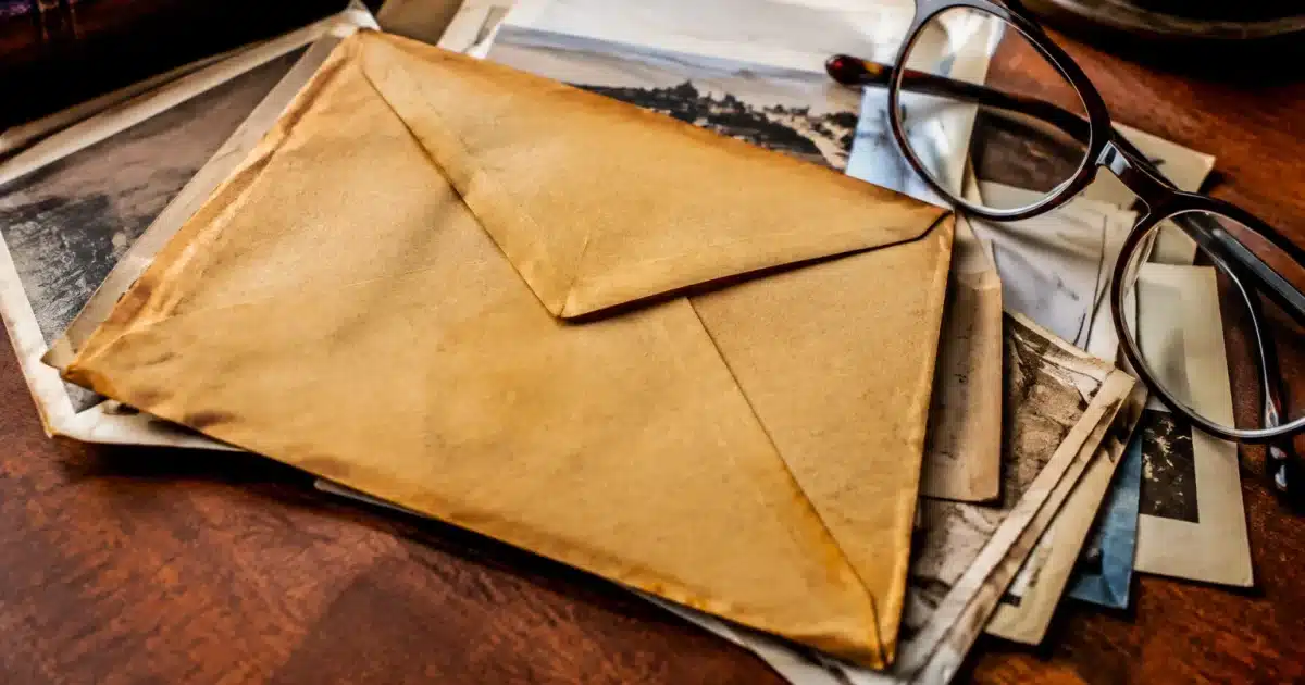 Vieille enveloppe jaunie posee sur documents herites avec lunettes