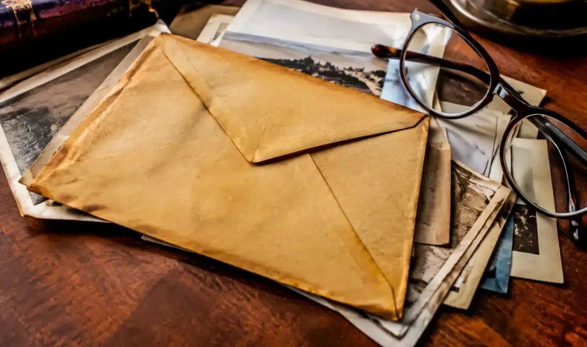 Vieille enveloppe jaunie posee sur documents herites avec lunettes