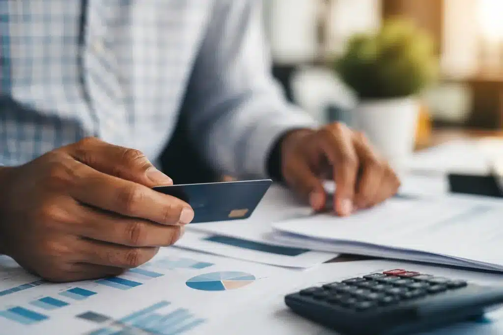 Mains tenant carte bancaire pres documents financiers
