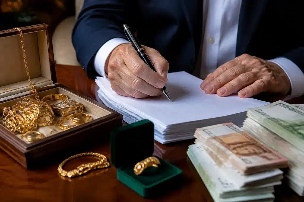 Main tenant documents succession avec bijoux et argent liquide