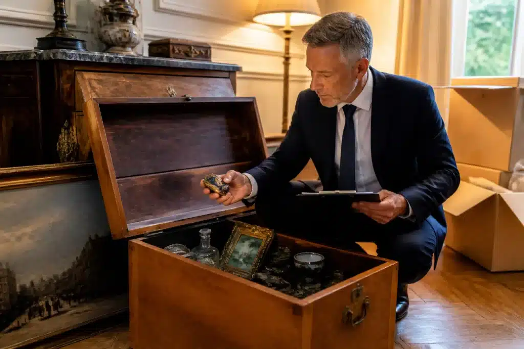 Notaire examine mobilier succession devant coffre ouvert