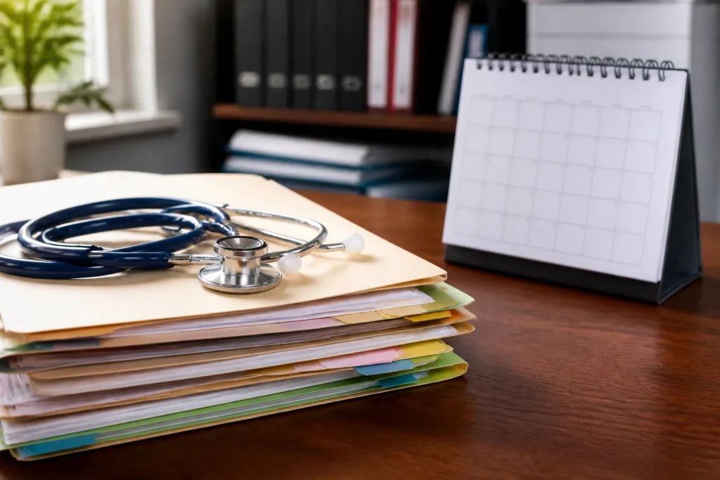 Dossier medical avec formulaires et calendrier montrant delais evaluation